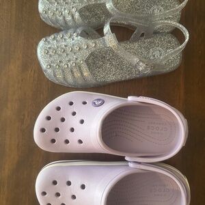 Set of summer size 13 girls shoes: lavender crocs and clear glitter jellies